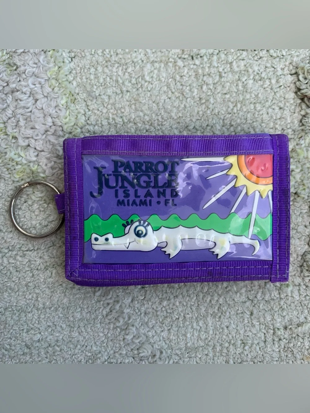 Vintage Parrot Jungle Island Miami FL Purple Nylon Tri-Fold Wallet Keychain